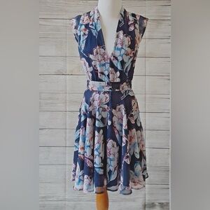 French Connection Blue White‎ Floral Fit Flare Cute Flowy Dress 2 XS X Small
